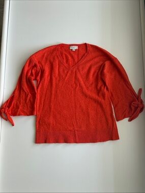 LOFT Orange V-Neck Tie-Sleeve Sweater